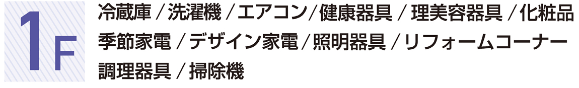 1F 冷蔵庫／洗濯機／エアコン／健康器具／理美容器具／化粧品／季節家電／デザイン家電／照明器具／リフォームコーナー／調理器具／掃除機