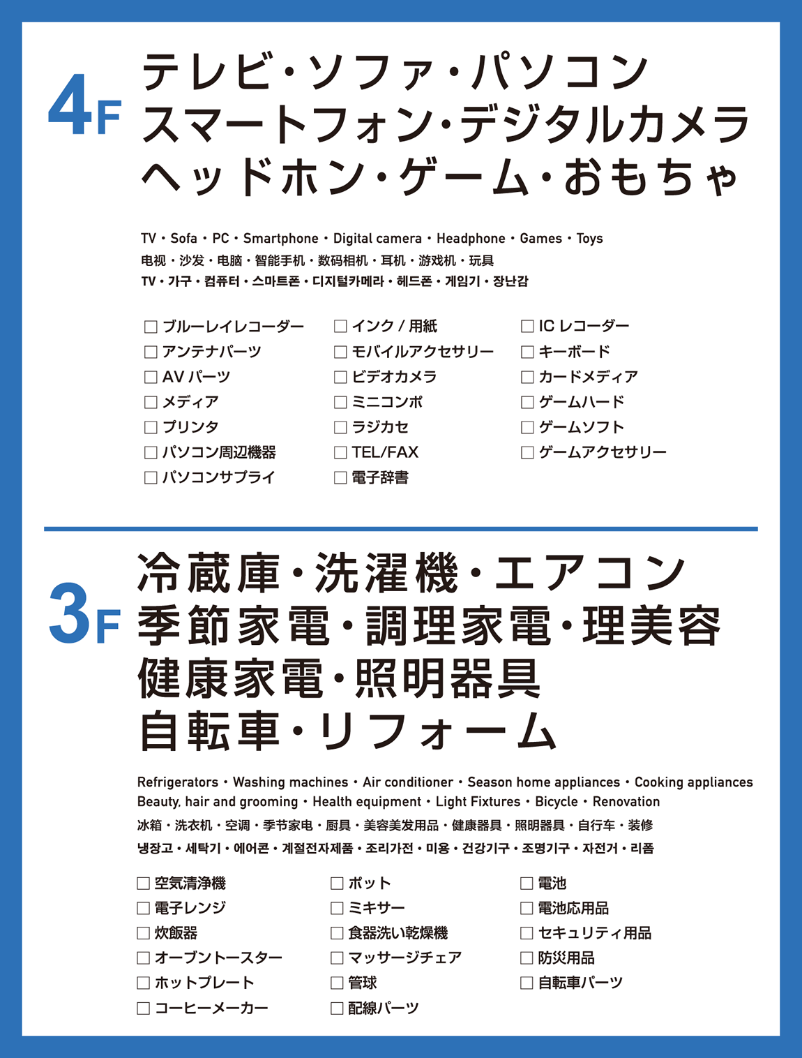 2F パソコン／プリンタ／携帯電話／オーディオ／デジタルカメラ／パソコン周辺機器／テレビ／TEL・FAX／ゲーム／おもちゃ／レコーダー／スマートフォン／デジタルサポートステーション